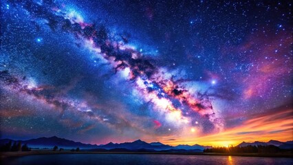 Cosmic night scene with vibrant starry sky, Milky Way stretching across the horizon, deep blues and purples dominating the atmosphere