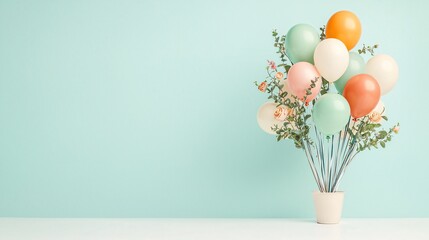 Celebration balloons with floral accents in a white pot against soft blue background studio shot