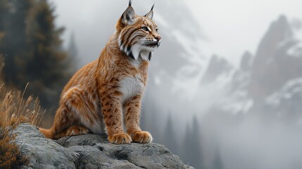 Obraz premium Lynx sitting mountain peak foggy landscape wildlife poster