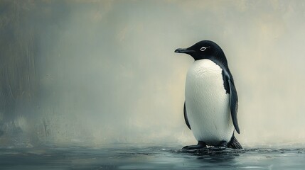 Fototapeta premium Antarctic penguin standing, misty shore, wildlife conservation