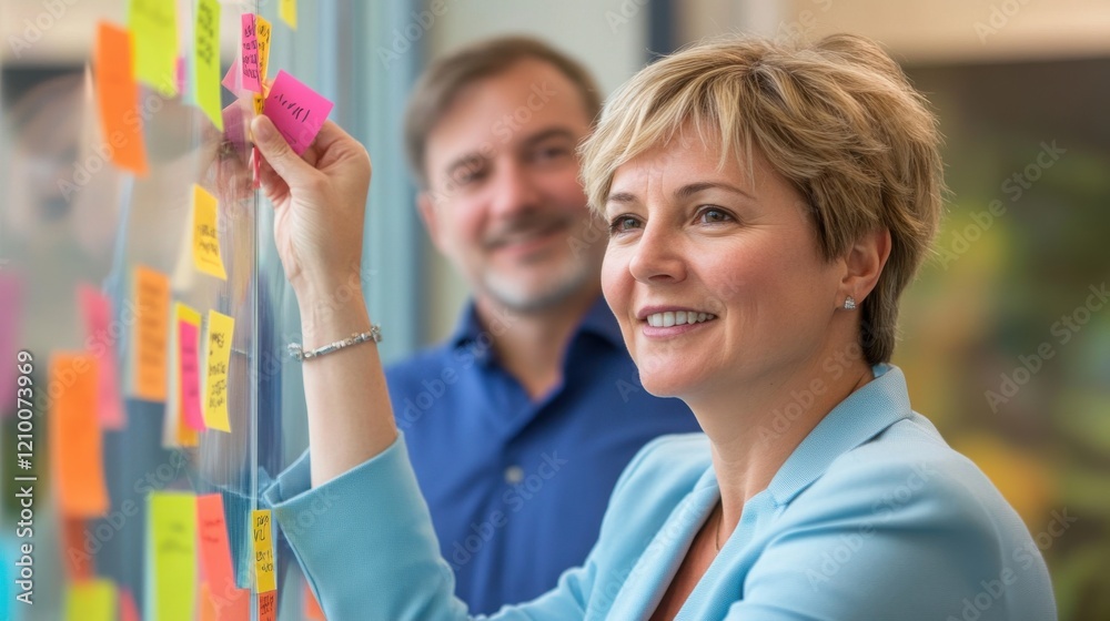 Poster Professional woman collaborating with a colleague while organizing ideas on sticky notes in a bright office space