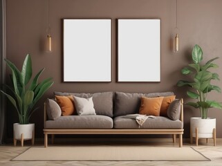 living room with design retro furnitures, plants, shelf, blank poster frame on the Mocha wall