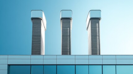 Obraz premium Industrial smoke stacks rise against a sunny blue sky, part of a power plant designed with cutting-edge technology and modern aesthetics.