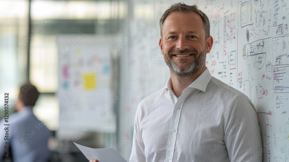 Aufkleber professional man with beard holds paper while smiling in creative office space during the workday