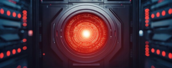 Fototapeta premium A futuristic red light glows in the center of a high-tech device, surrounded by dark machinery, evoking a sense of advanced technology and potential mystery.
