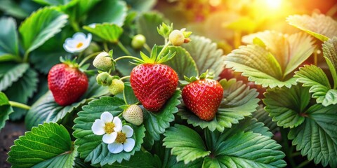 Sunlight Drenched Strawberry Plants with Ripe Red Berries and Delicate White Blossoms