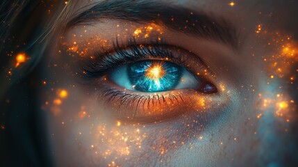 A mesmerizing gaze reveals a deep pool of radiant energy, with vibrant cosmic colors swirling around. The intensity in the eye suggests an otherworldly connection to spiritual forces