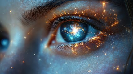 Bright, radiant light emanates from deep within the eyes, creating an otherworldly effect. The captivating gaze draws attention with a blend of intensity and cosmic wonder