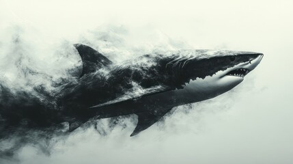 Fototapeta premium Great white shark swimming, ocean mist, underwater, dramatic, wildlife poster