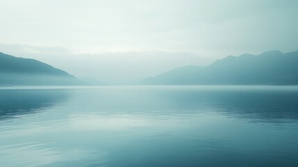 Fototapeta premium Calm water reflecting mountains under a pale sky blue background during early morning hours