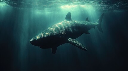 Naklejka premium Oceanic Shark, Sunlight Beams, Deep Sea, Dramatic, Wildlife Documentary