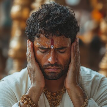A person in a white arba participates in a spiritual ceremony, hands on their face in concentration. The background features ornate decorations, signifying a sacred environment at dusk