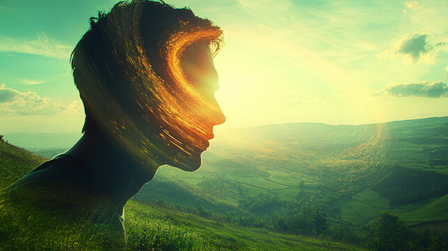 Woman with long hair blowing in the wind outdoors during sunny day with clear blue sky in background