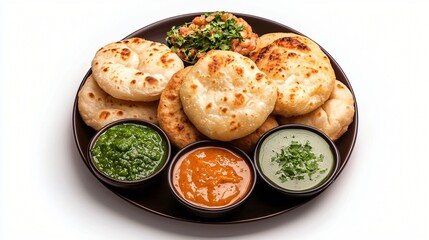 Flatbread with various sauces and salad on a dark plate against a white background