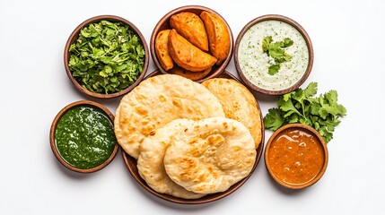 Flat lay of Indian food with breads sauces and herbs in wooden bowls on white background