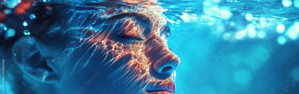 Aufkleber mystical underwater visualization of a swimmer's face captured in a serene aquatic environment