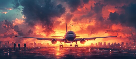 Obraz premium Airplane taxiing runway sunset city background travel