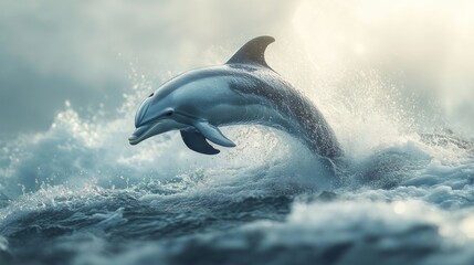 Fototapeta premium Dolphin leaping ocean waves sunlight background nature wildlife