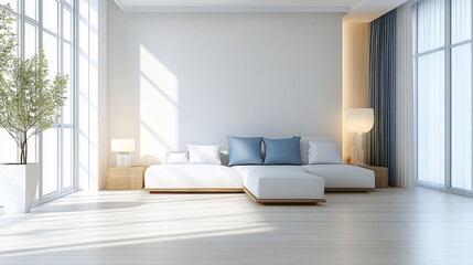 minimalistic white and wood style living room with white sofa