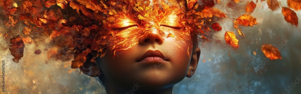 Poster mystical depiction of a child's glowing face surrounded by vibrant autumn leaves in a tranquil setti