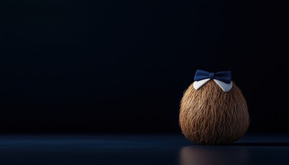 A whimsical coconut character wearing a bow tie against a dark background.