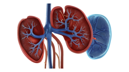Detailed 3D Medical Illustration of Human Kidneys with Vascular System.