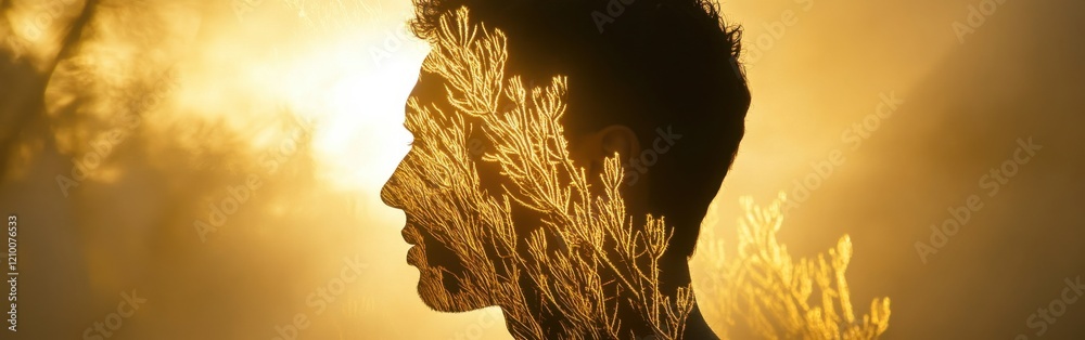Aufkleber mystical profile of a man illuminated by the golden glow of sunset, filled with intricate natural pa