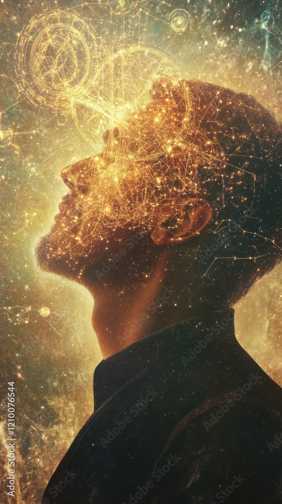 Leinwandbilder mystical profile of a man illuminated by celestial patterns and golden light in a cosmic atmosphere