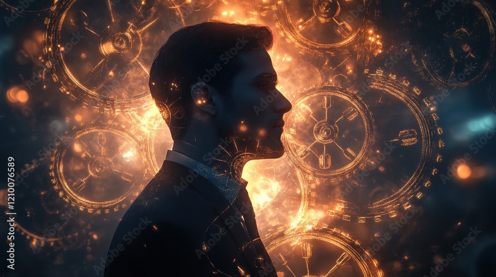 Aufkleber Mystical profile of a man filled with glowing gears and cosmic patterns at an unspecified location