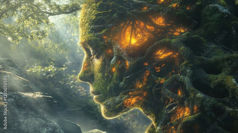 Leinwandbilder Mystical profile of a man with nature elements illuminated in an enchanting forest setting at twilight