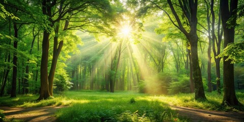 Fototapeta premium Sunbeams Illuminate a Verdant Forest Path, Casting Golden Rays Through Lush Green Canopies and Illuminating a Serene Meadow