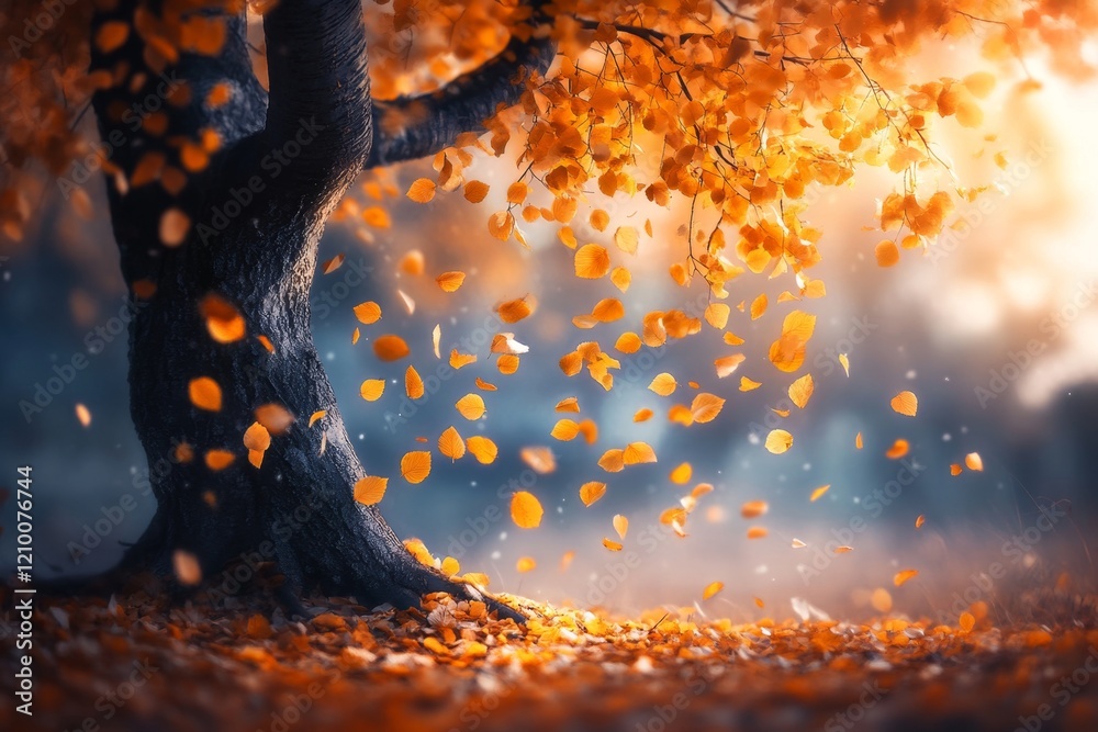 Poster a magical yellow tree glowing in a twilight forest, with golden leaves shimmering and casting ethere