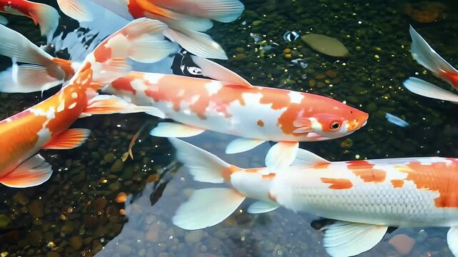 vibrant group of koi and fancy carp fish swimming gracefully in a tranquil pond their colorful bodies reflecting beautifully in the water