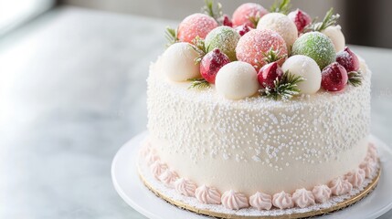 Fototapeta premium Festive holiday cake, decorated with colorful spheres and berries, on a marble table. Perfect for festive food blogs