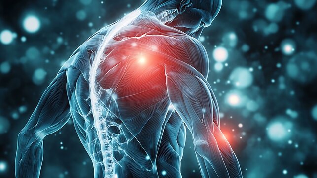 Medical-style 3D muscle illustration with a glowing red spot depicting a discomfort trigger zone