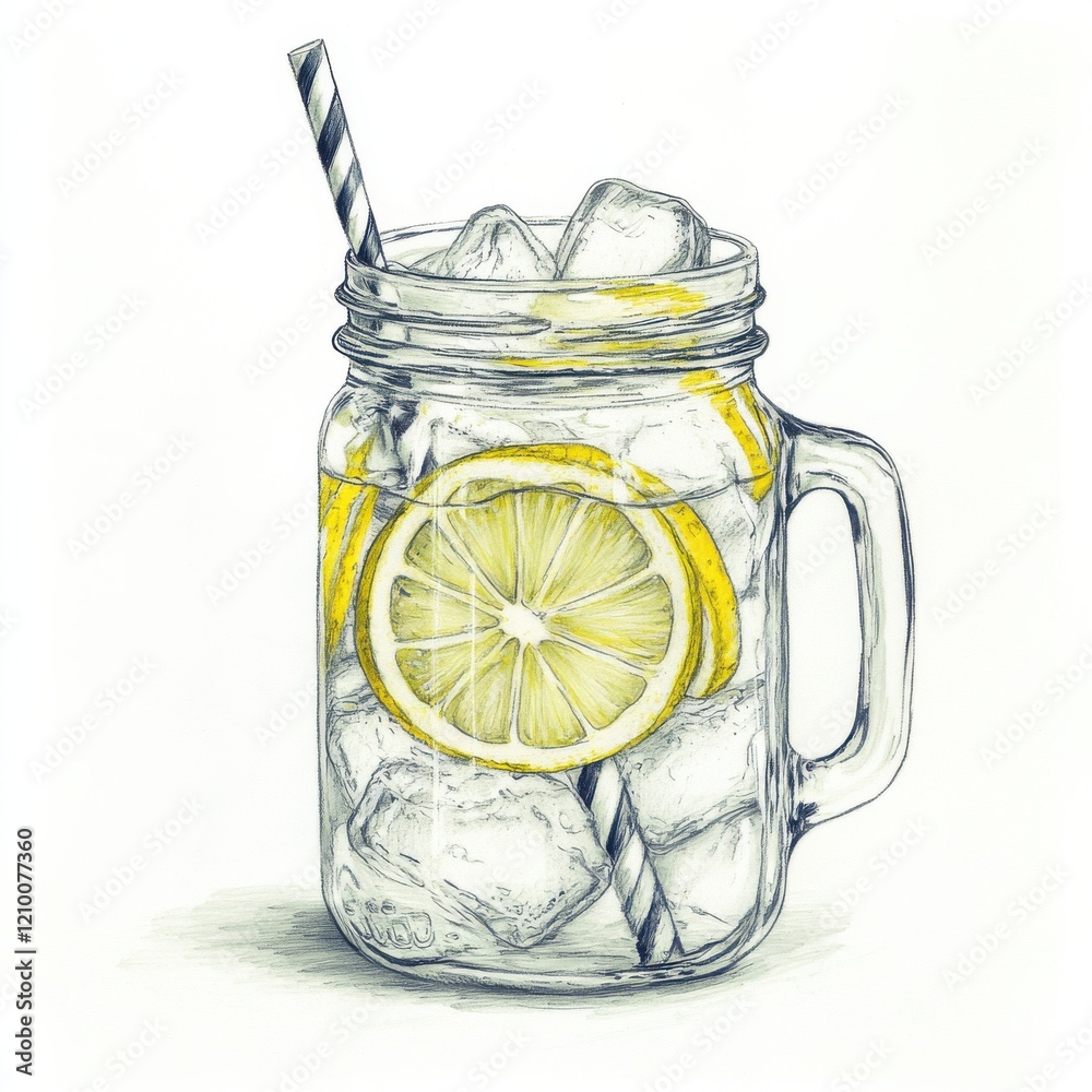 Poster refreshing lemonade in a mason jar with ice and a striped straw on a warm summer day
