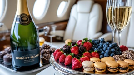 Elegant private jet interior showcases white leather seats, a rich fruit platter, and crystal glassware paired with fine champagne