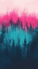 Vibrant minimalist abstract blur depicting vertical trees with pink and teal hues in a serene nature setting