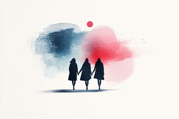 A minimalist depiction of three friends walking hand in hand, drawn with bold outlines and a soft pastel background
