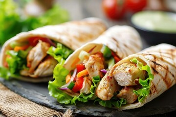 Delicious chicken wraps filled with grilled chicken, fresh vegetables and lettuce