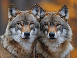 Fototapeta premium A close-up of two wolves standing side by side looking directly at the viewer