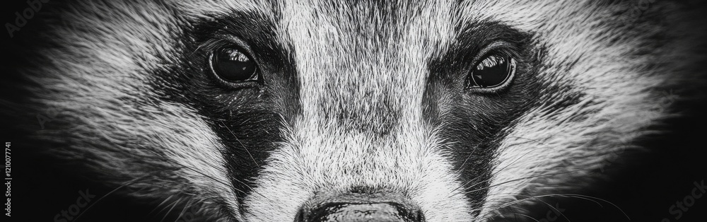 Poster macro photograph captures a detailed view of a badger's face in its natural environment