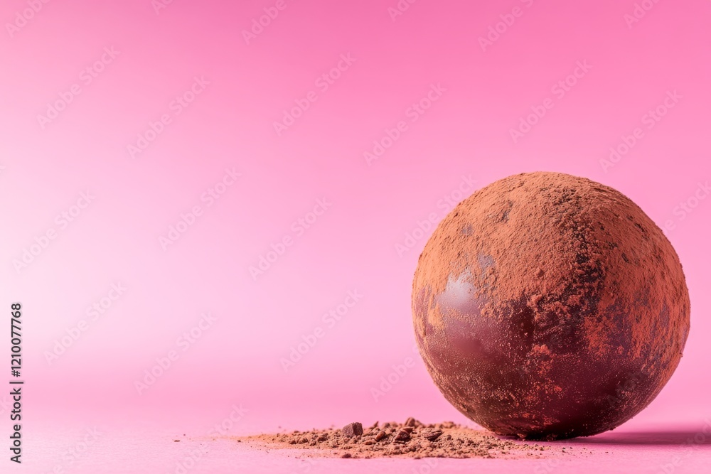 Poster A minimalist design of a single chocolate truffle with a soft shadow, placed on a plain pastel pink background