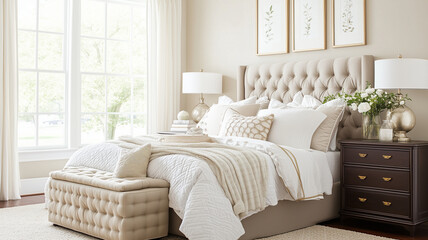 Luxurious bedroom with tufted headboard, soft bedding, and elegant decor. Natural light floods space, creating serene and inviting atmosphere