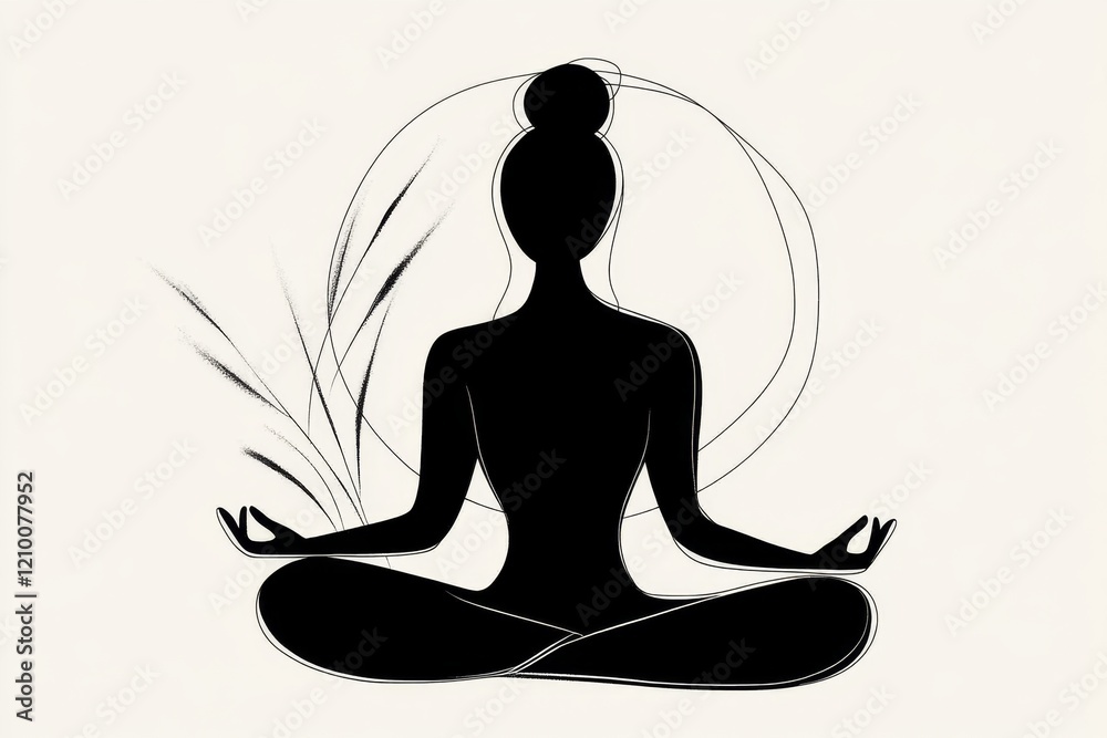 Poster a minimalist illustration of a person in a lotus position, drawn with simple black lines on a plain 