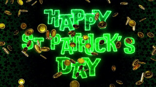 happy saint patricks day text animation with golden coins faling 