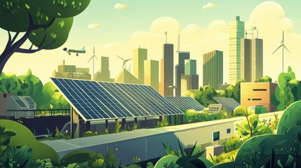 Harmonious representation of clean energy with solar panels and wind turbines in an urban landscape