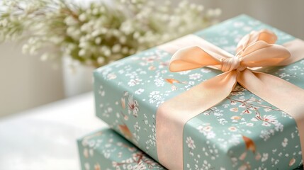 blue green wrapped gift with botanical accent, horizontal, suitable for eco-friendly gifts, sustainable retail, wedding registries and natural lifestyle promotions