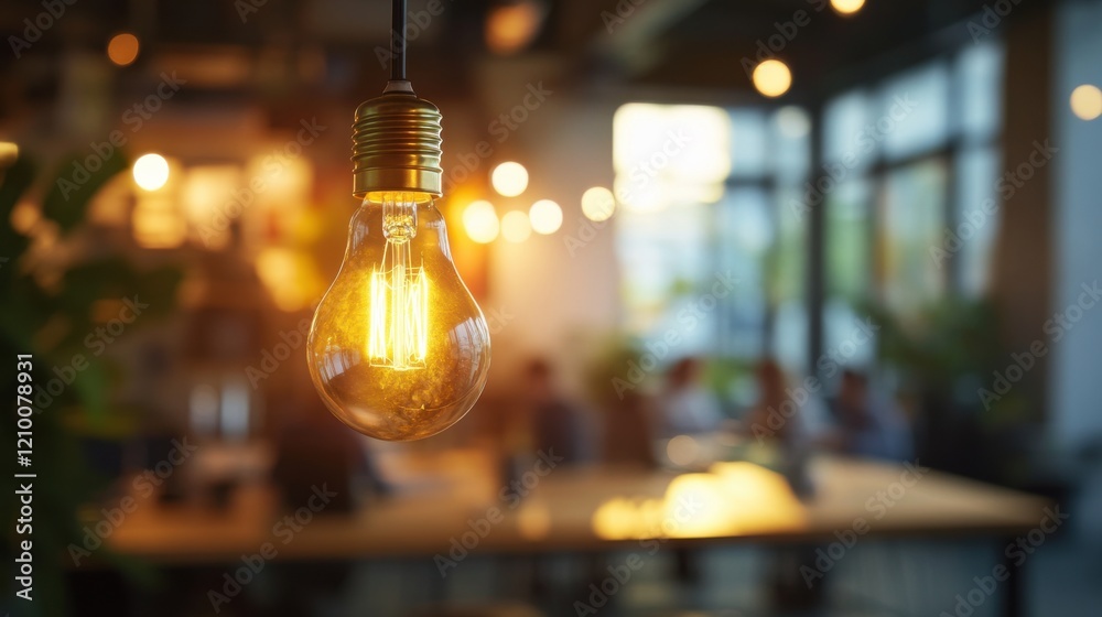 Poster glowing light bulb hangs above a warm and inviting workspace filled with soft natural light during a