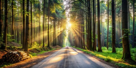 Obraz premium Serene Sunrise Illuminates a Forest Road with Sunbeams Piercing Through Tall Trees
